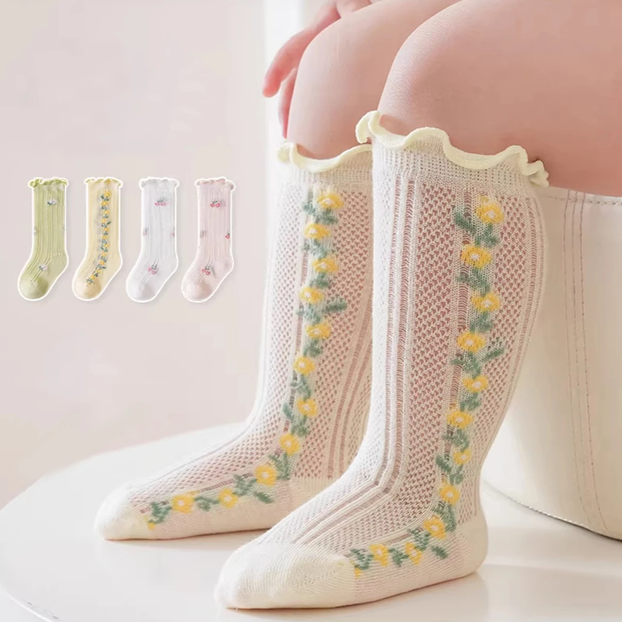 Summer Girls Mid-calf Socks Print Flower Baby Mesh Stockings Mosquito Repellent Kids Knee High Socks 0-3Year Infant Footwear