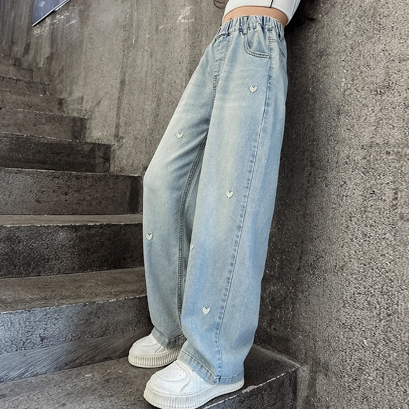 

Spring Autumn Retro Denim Wide Leg Pants Teens New Korean High Waist Trouser Fashion Jeans for Kids Girl Heart Embroidery Design