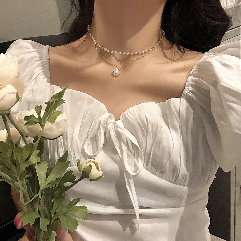 Kiss Jewelry Vintage Gold Color Pearl Beaded Necklace Women Double Chains Pearl Pendant Choker Korean Fashion Collar Jewelry