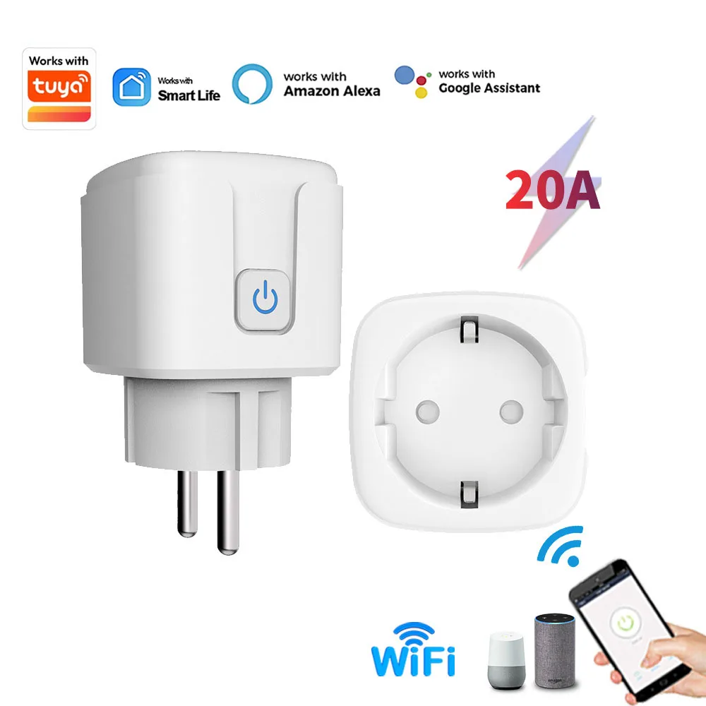 Work with Tuya APP 20A WiFi Smart Socket EU Plug Power Monitor Smart Life APP Voice Control Works with Alexa Google Home