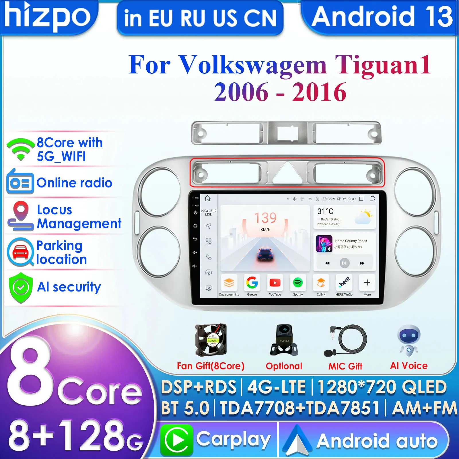 Hizpo Carplay 4G 9'' 10.33'' 8+256 2din Android Car Radio for VW Volkswagen Tiguan 1 NF Multimedia Video Player Autoradio Audio