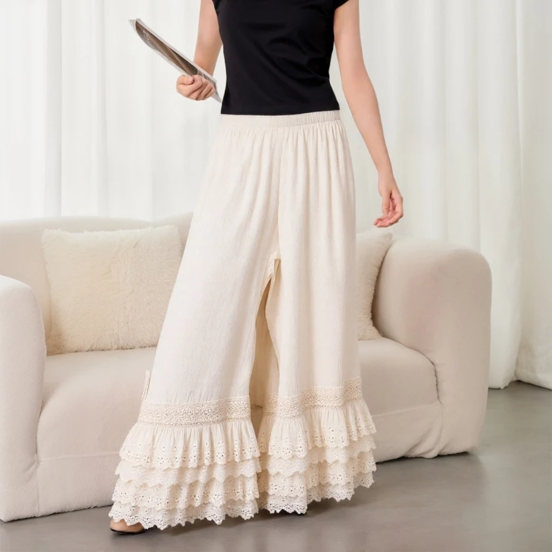 

Women's Pettipants Under Dress Elastic Waist Cotton Wide Leg Pants Tiered Ruffle Lace Trim Loose Long Bloomers Underpant