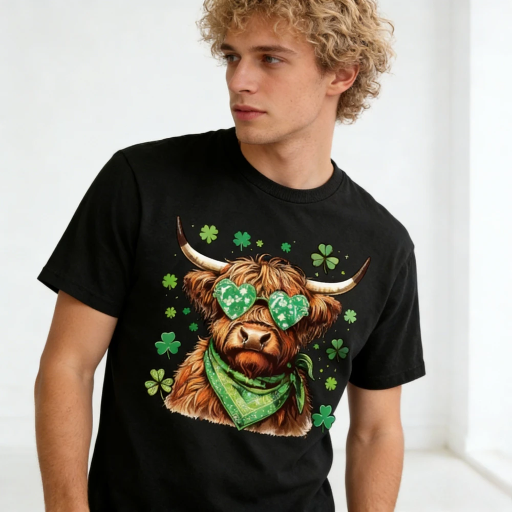 St Patrick's Day Highland Cow with Shamrock Sunglasses Printed T-Shirt Casual Funny Design Men Festival Costumes St Patricks Tee