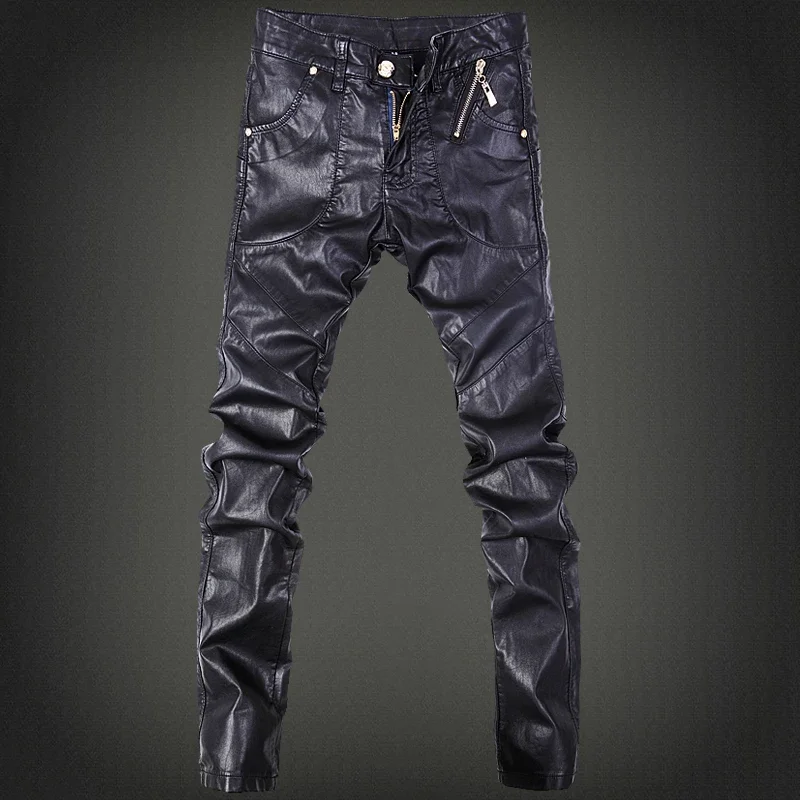 2024 trend new black Slim leather pants personality zipper stitching leather pants fashion youth motorcycle leather pants male