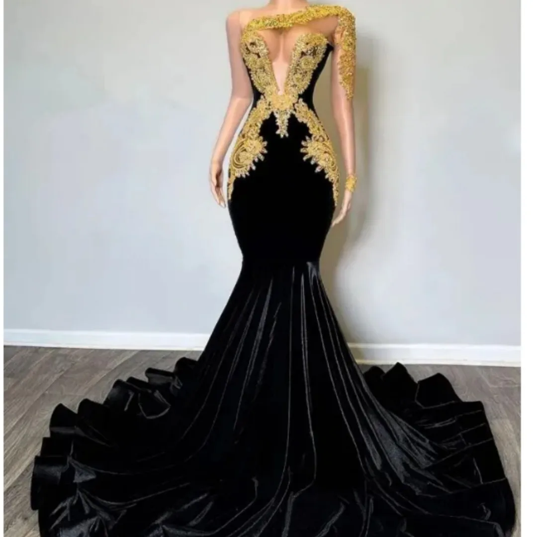 Vestidos De Fiesta De sirena De terciopelo negro con manga larga, malla transparente, Gillter, apliques De encaje dorado, vestido De Noche para ocasiones