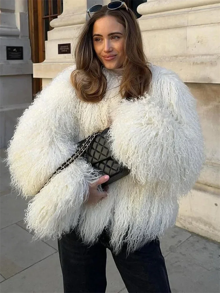 New Winter Female Fluffy Faux Fox Fur Jacket Overcoat Loose Luxury Long Sleeve High Waist Patchwork Coat Women's Outwear 2025