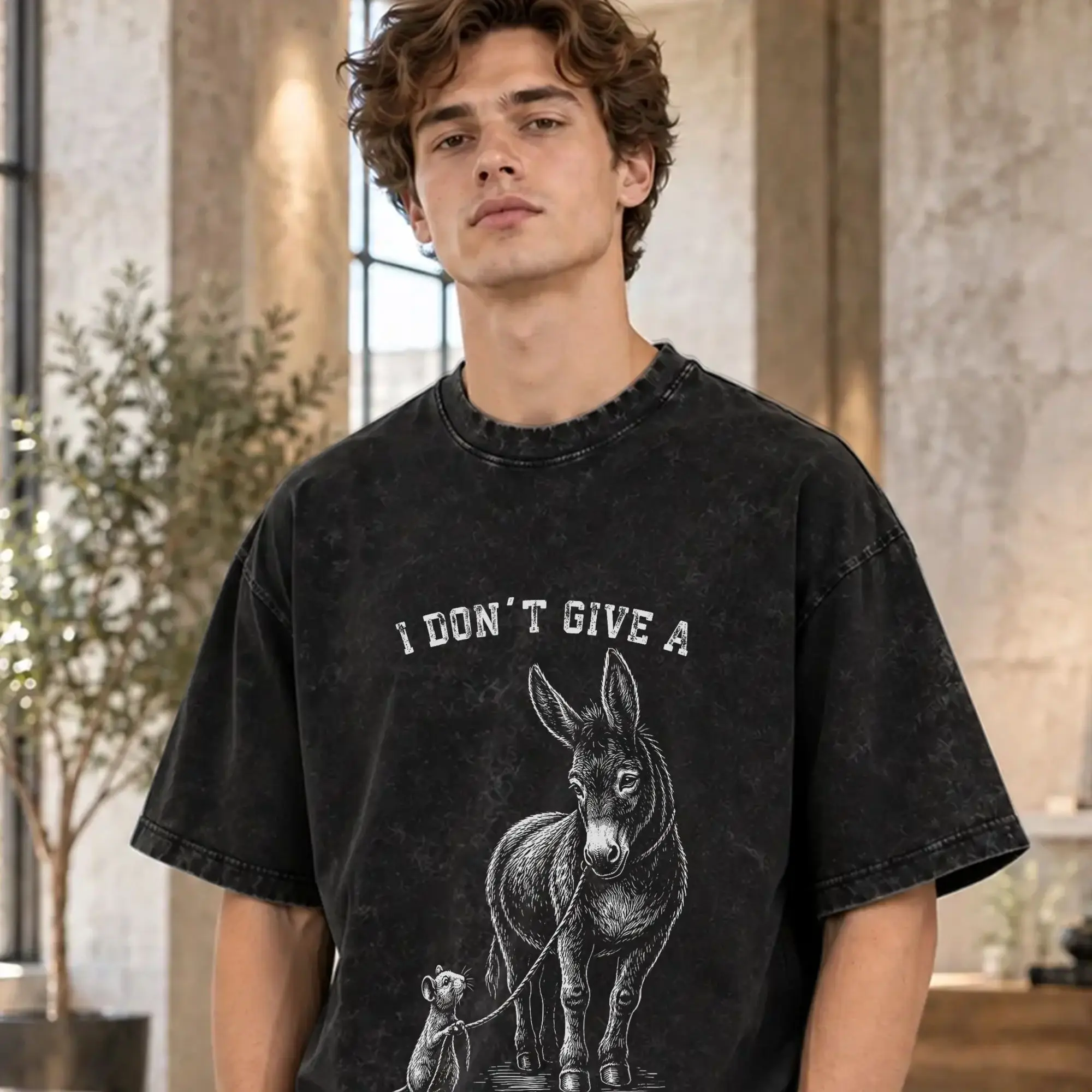 I Don't Give a Rats Ass Mouse Donkey Funny Men's T Shirts Washed  Casual Tee Shirt Short Sleeve Crew Neck T-Shirt   Clothing