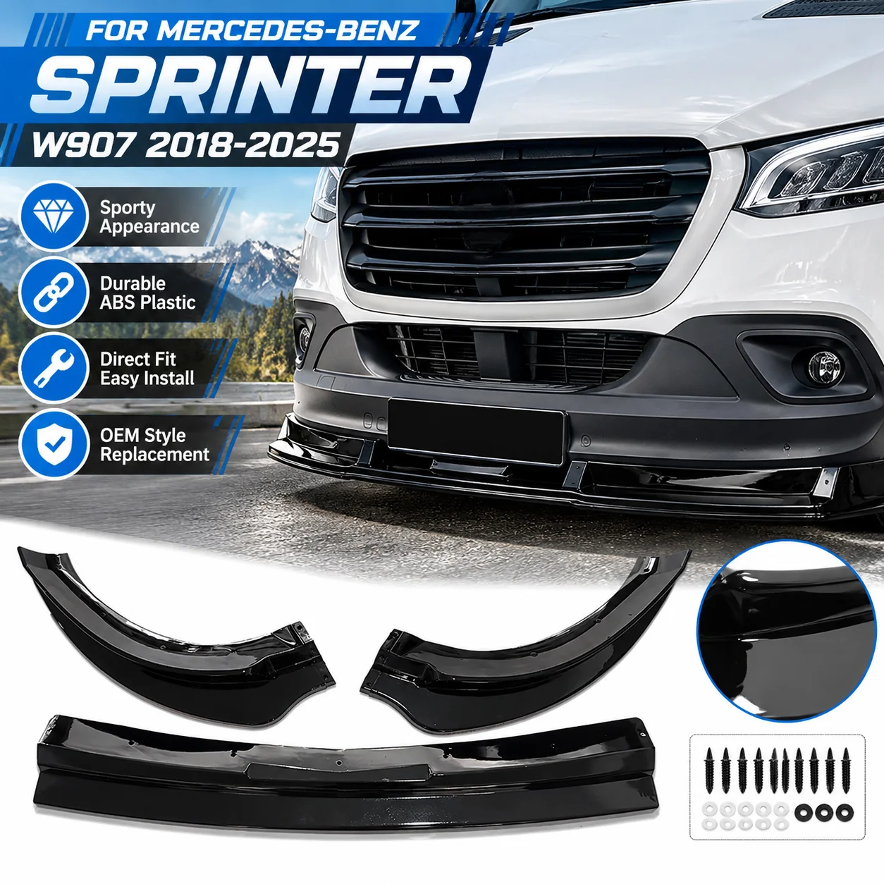 For Mercedes-Benz Sprinter W907 2018-2025 Front Bumper Lip Spoiler Splitter Lower Diffuser Body Kit Tuning Gloss Black ABS Plastic Replacement Direct Fit Easy Install Car Accessories Auto Styling Sport Look OEM Replacement Part With Screws Kit