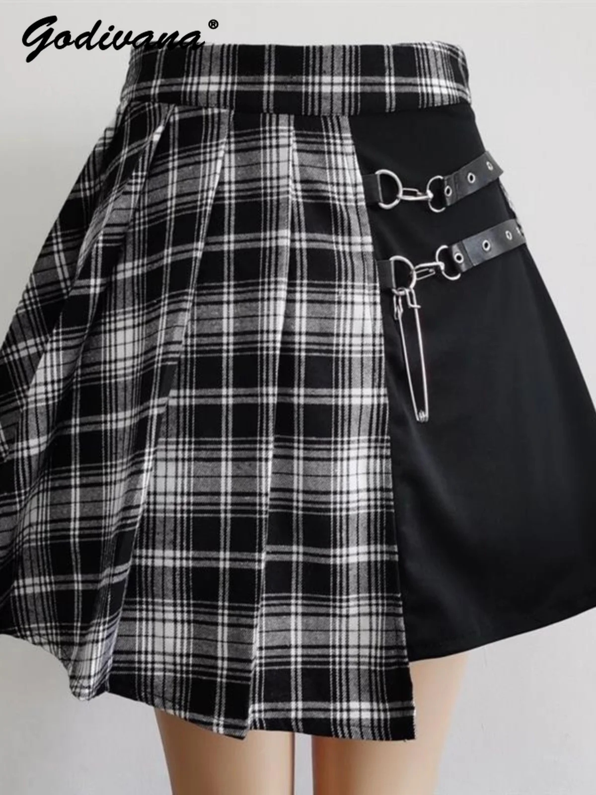 Subculture Stitching Gothic Punk Y2k Skirt Summer New Fashion Harajuku Black White Plaid High Waist Slim Pleated Skirts Women