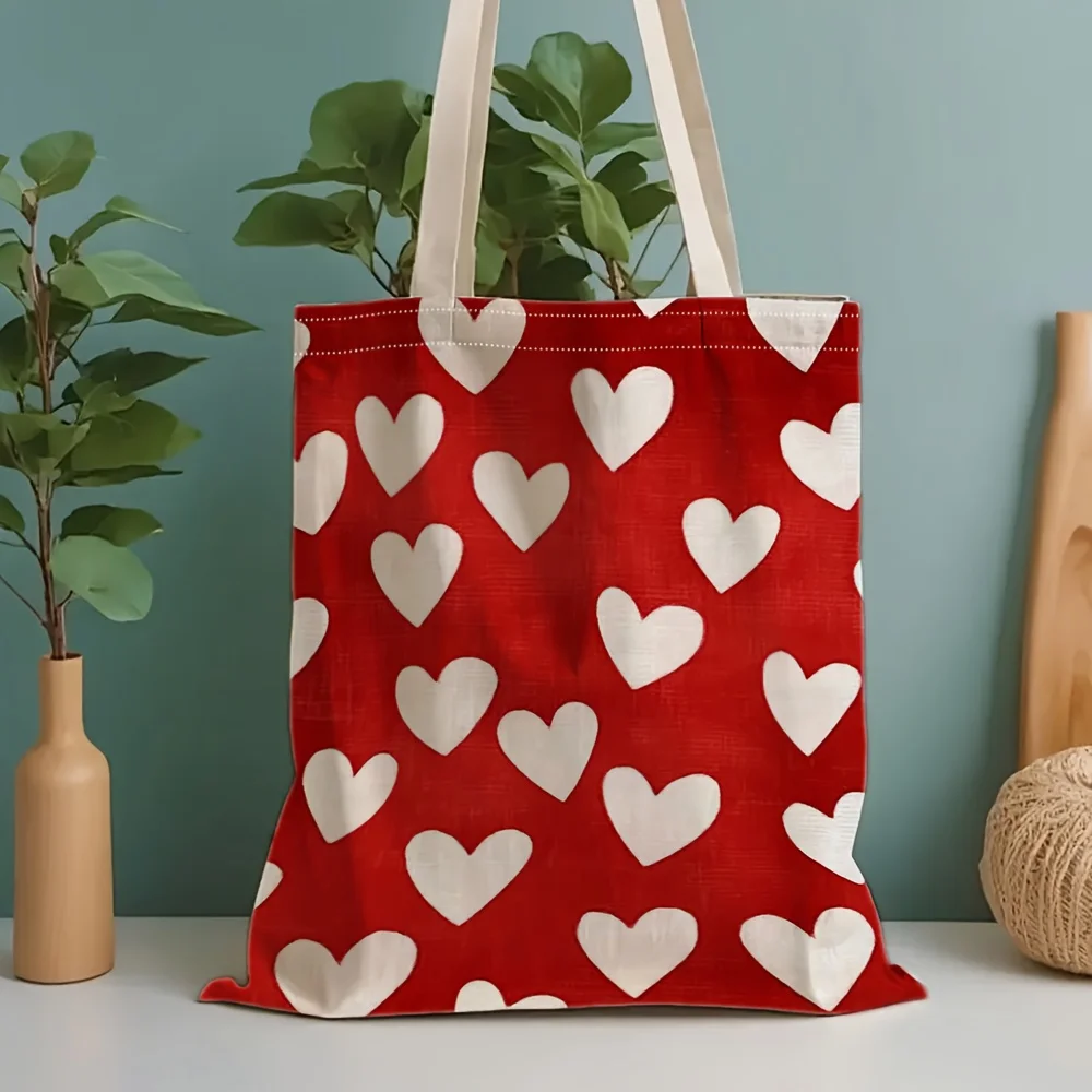 1 Piece of Fashionable Red Heart-Shaped Canvas Shoulder Bag, Lightweight Foldable Storage Tote Bag, Reusable Shopping Bag with Fixed Shoulder Strap, Perfect Gift for Commuting, Travel, Shopping, School, and Holidays
