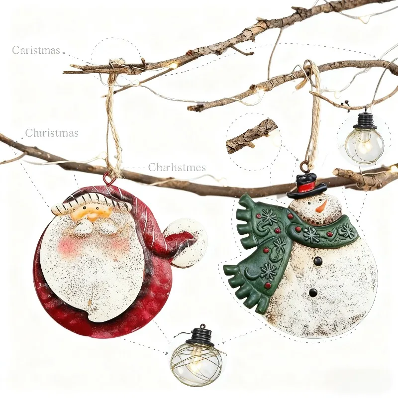 زينة عيد الميلاد على الطراز العتيق مع سانتا ورجل الثلج ديكور معلق ريفي لشجرة العطلات وإكسسوارات المنزل