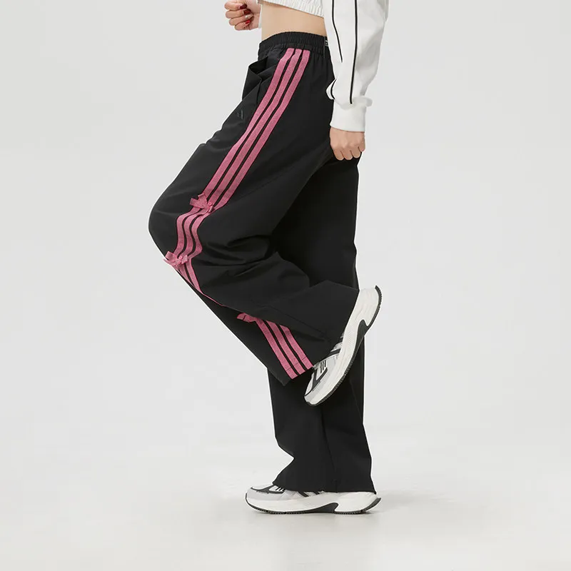 Adidas KR7598 Womens Woven Track Pants Black Pink Stripes Loose Fit Elastic Waist Casual Trousers