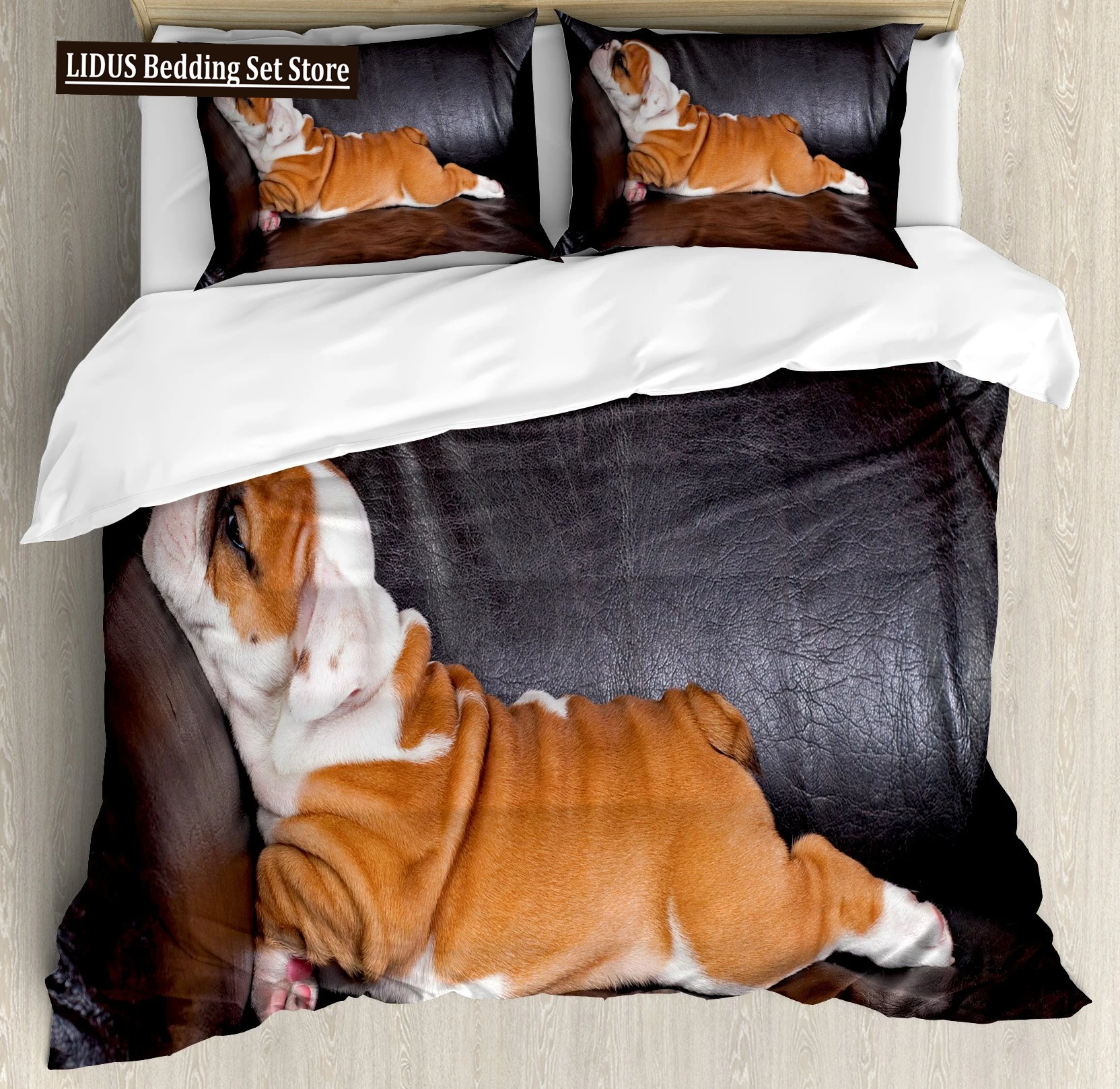 

English Bulldog Duvet Cover Puppy Resting On A Sofa Funny Animal Photography Canine Decorative Seal Brown White Brown For Adults