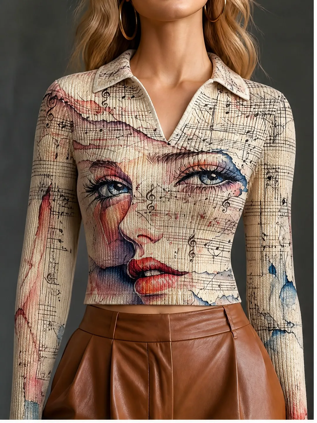 Stylish Womens Polo Collar V Neck Ribbed Knit Cropped Top Figure Flattering Long Sleeve Pullover for Casual Weekend Outfits Chic
