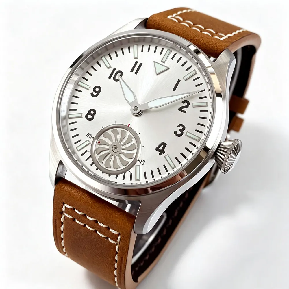 Tandorio 42mm Vintage Black Silver Dial 6498 Mechanical Hand Wind Watch Men Sapphire Glass Pilot Clock Leather Pull Push Crown