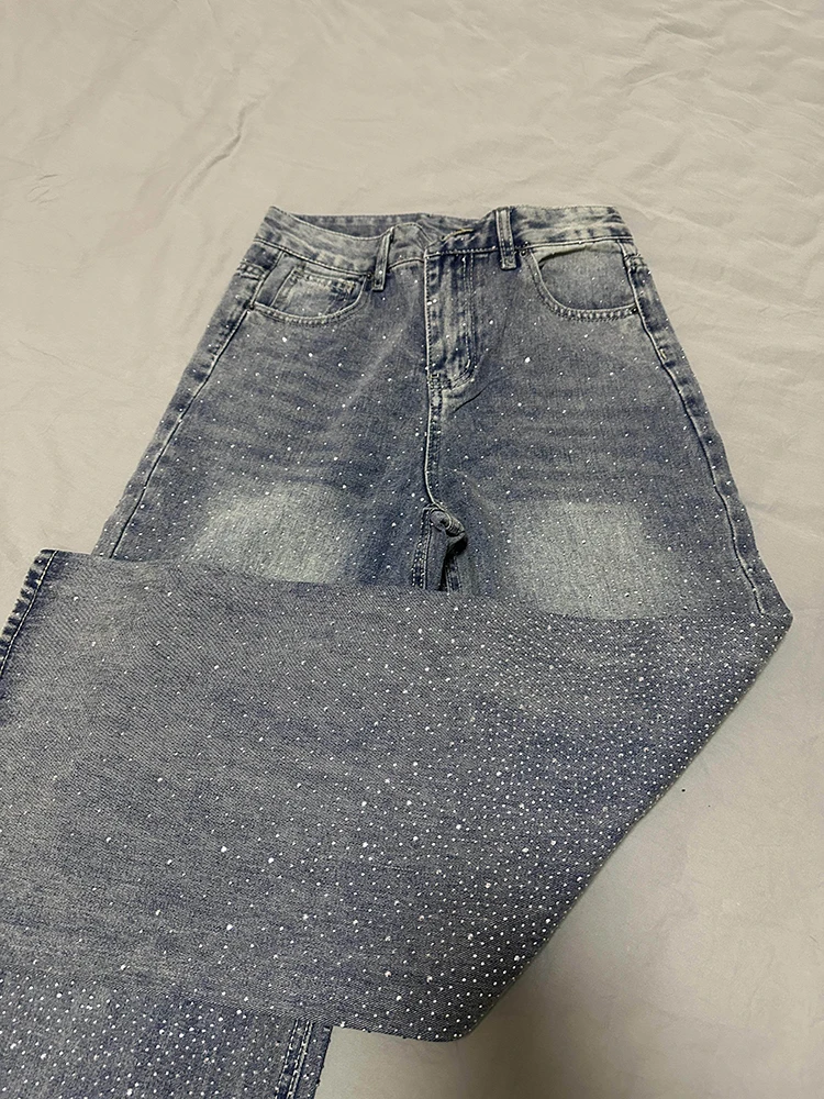 

Trendy Shiny Rhinestone Wide Leg Jeans Women's Spring New Style High Waist Loose Denim Pants Streetwear Retro Straight Trousers