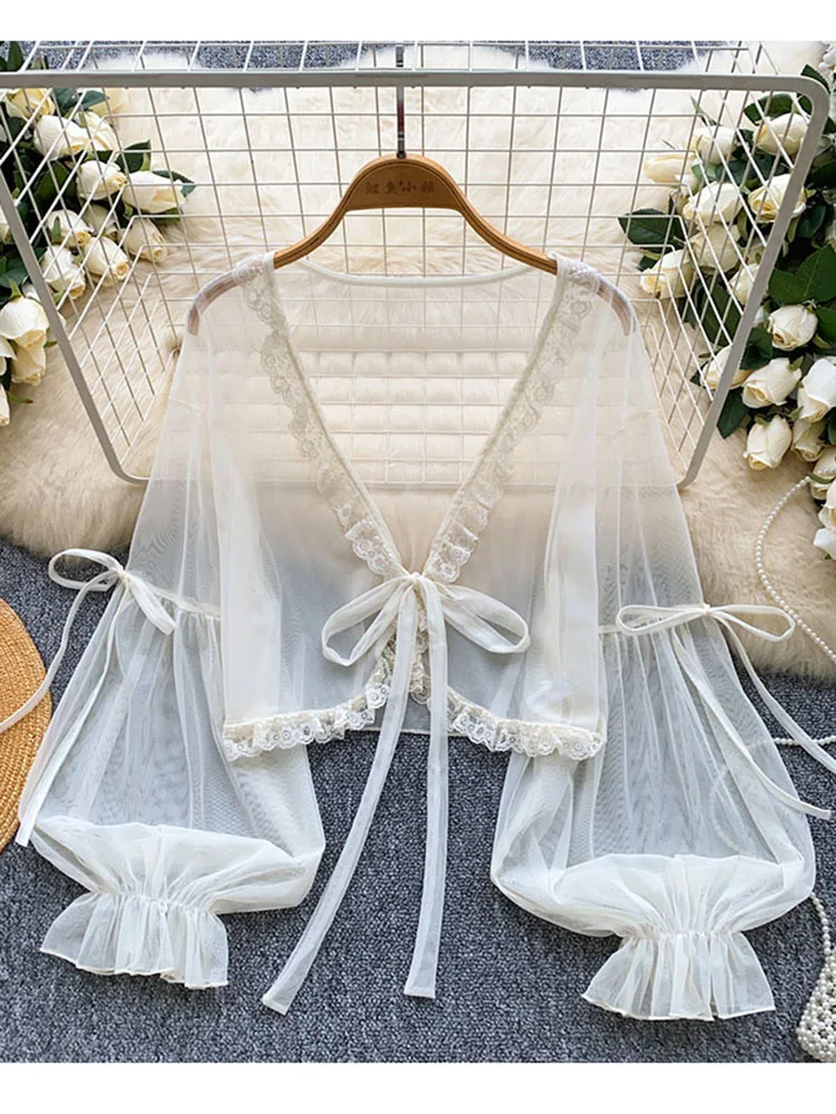 Nouveau haut châle en mousseline fine pour femme, style estival, avec dentelle à la taille, manches lanternes et maille, protection solaire, idéal pour les vacances C472