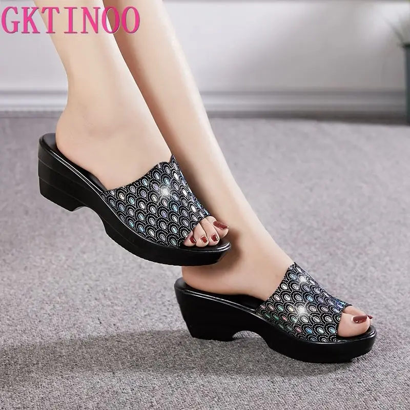 GKTINOO Women\'s Slippers 2024 Summer New Open Toe Women Shoes High-heeled Non-slip Genuine Leather Bling Slides Sandals Women