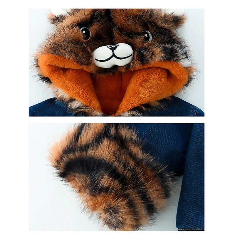 لطيف نمط الطفل الشتاء النمر الدنيم سترة مع غطاء محرك السيارة للطفل صبي الفتيات جميل صوف مبطن معطف الطفل الملابس الدافئة الدافئة 2-9Y
