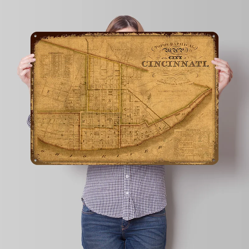 Map of Cincinnati Ohio 1841 Metal Poster Customized Wall Art Retro Vintage Metal Signs for Man Cave Home Decoration Luxury House