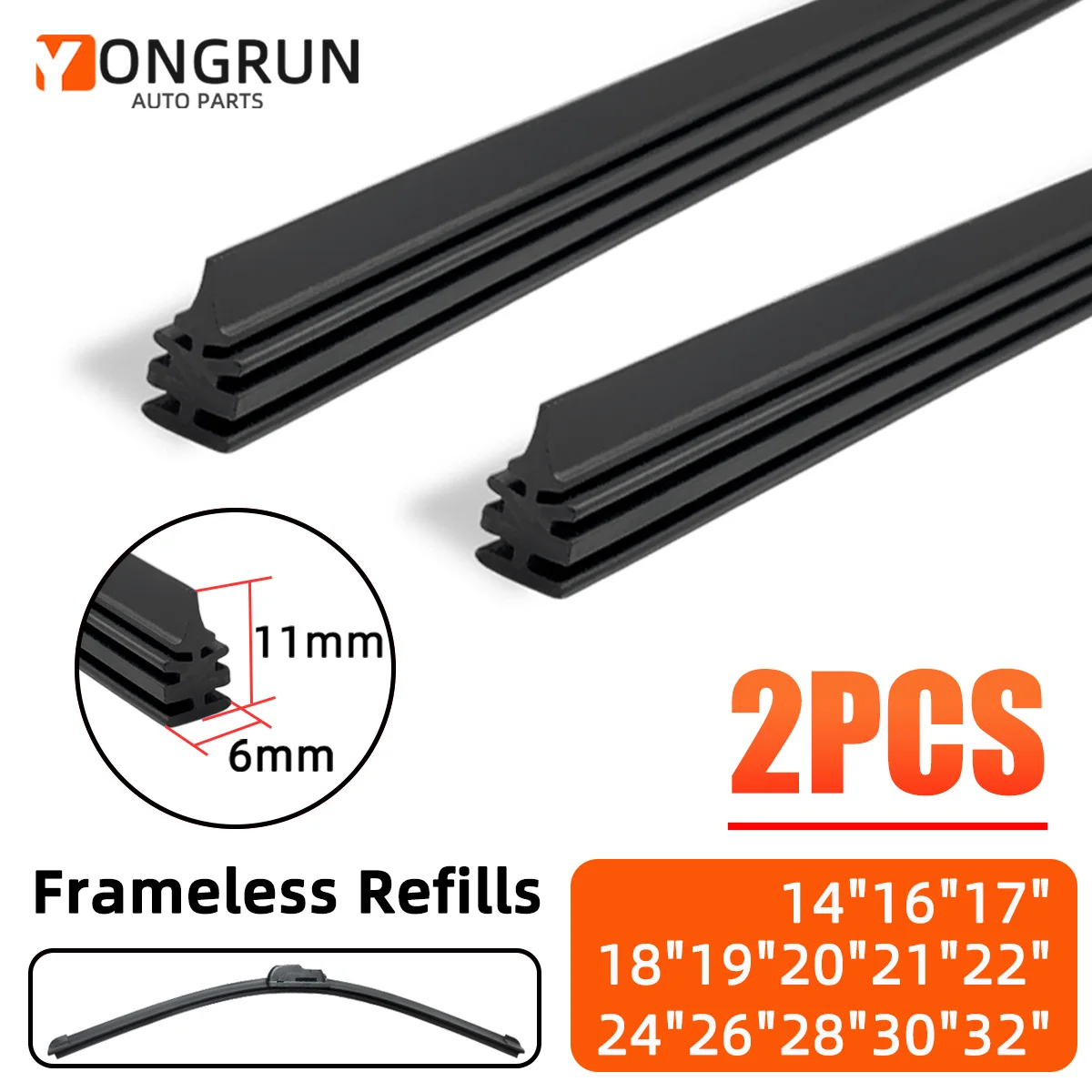 

YONGRUN 2PCS Rubber Strip 6mm Car Windshield Wiper Boneless Rubber Strip Replacement 14"16"17"18"19"20"21"22"24"26"28"30"32"
