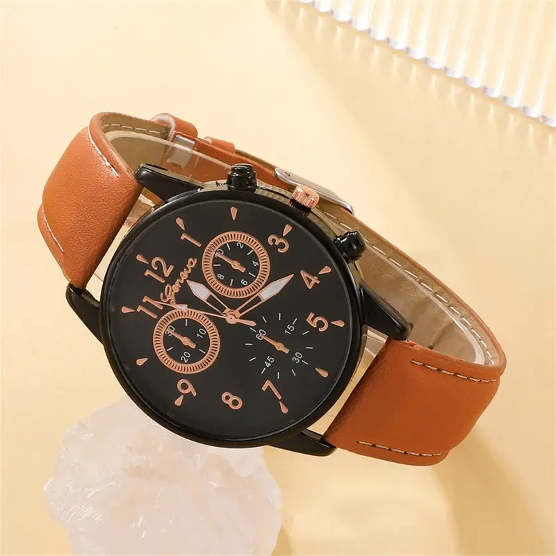 New Men Watch Luxury Bracelet Set Fashion Business Brown Leather Quartz Wrist Watches for Men Gift Set Relogio Masculino