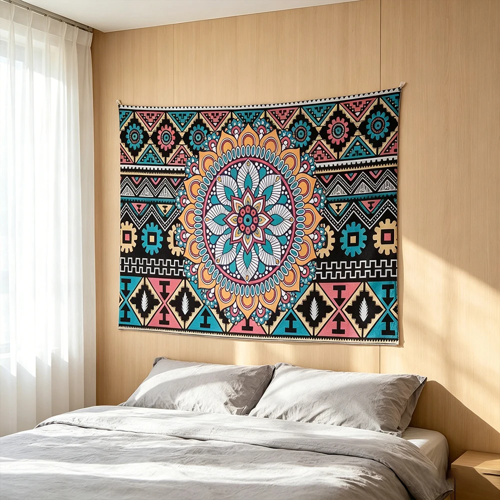Vintage Tribal Mandala Wandteppich, Bunter Ethnischer Azteken-Geometriemuster Boho Wandbehang, Retro Hippie Kunst Wanddekoration