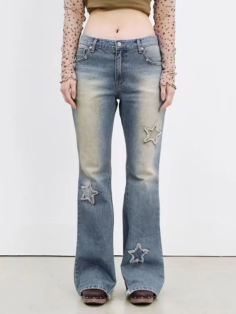 

Women Y2K Star Graphic Baggy Flared Hem Jeans High Waisted Wide Leg Denim Pants Stretch Bell Bottom Trousers Korean Fashion