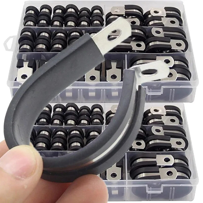 

52 шт./кор. резиновые хомуты для труб R-типа, ассортиментные комплекты, монтажные кабельные хомуты с подкладкой из нержавеющей стали, зажим для проводного шланга, фиксированные крепежные детали