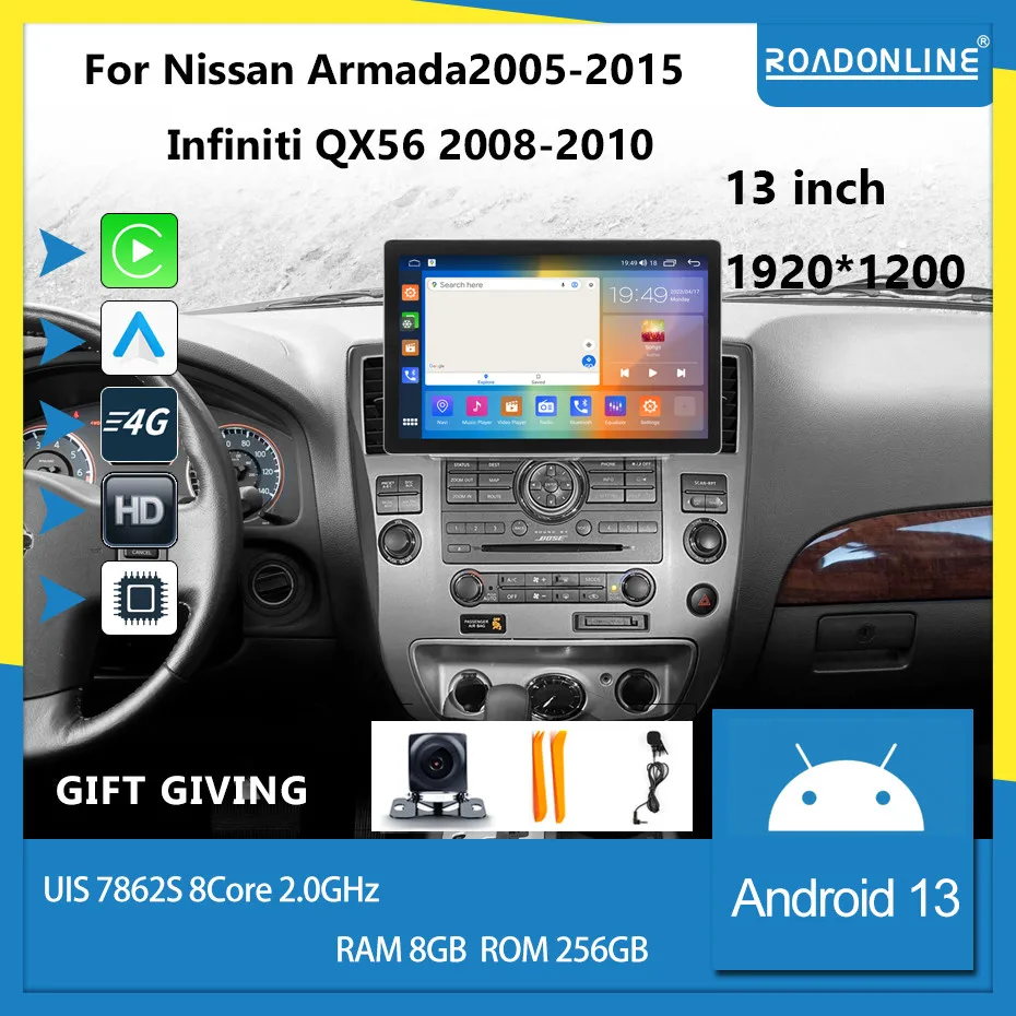For Nissan Armada 2005-2015 Infiniti QX56 2008-2010 13 inch 2K screen  QLED 8Core 8+256G Car Multimedia Player Stereo Radio