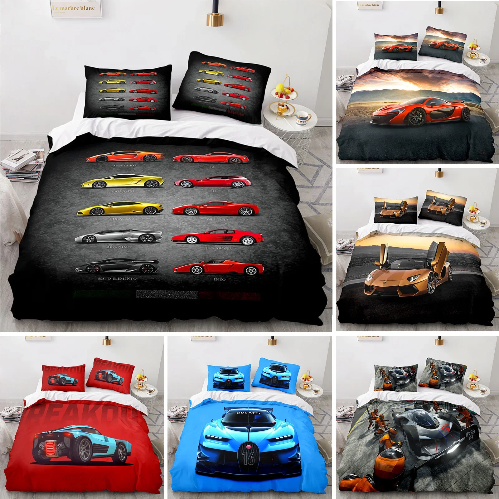 

Sports Car King Queen Duvet Cover Cool Colorful Supercar Pattern Bedding Set for Men Adult Race Car 2/3pcs Polyester Quilt Cover