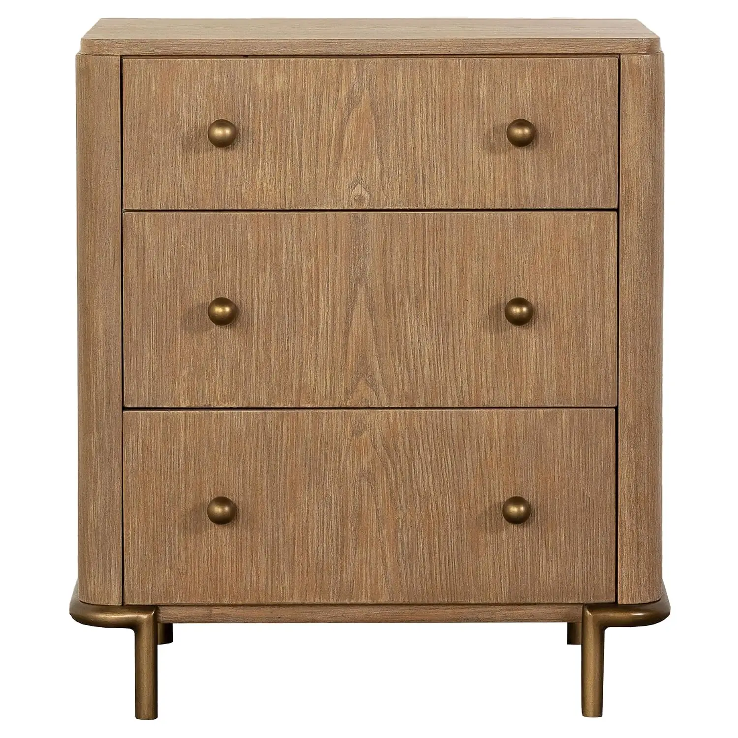 Wood 3-Drawer Nightstand With Dual USB Ports Felt-Lined Drawer Aged Brass Knobs Metal Base Bedroom Sand Wash, Customized