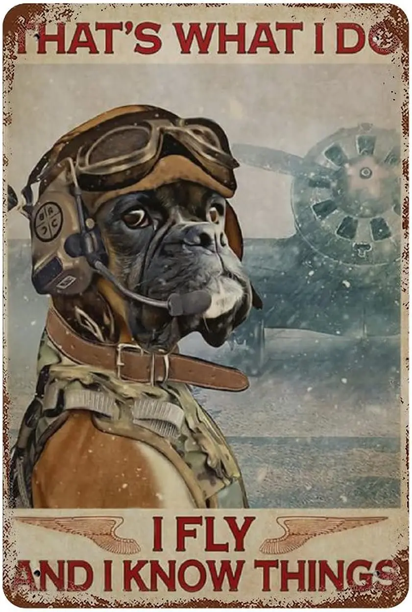 Retro Funny Metal Tin Sign Pilot Boxer Dog That;s What I Do I Fly and I Know Things Decor Aluminum Sign Wall Sign for Bars Resta