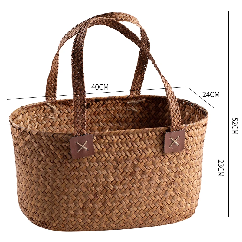 大きな天然草の手織りトートバッグ、クリエイティブな家庭用食料品バスケット、カントリーピクニックペットキャリアバスケット、手作り