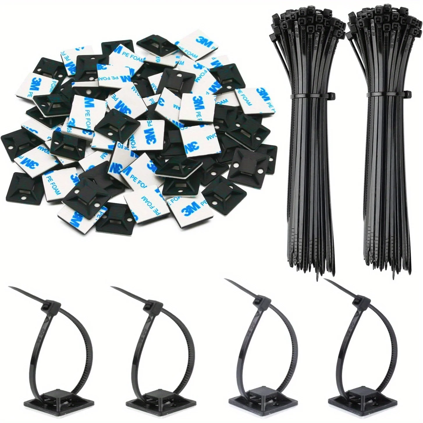 100Pcs Self-Adhesive Cable Ties with Rubber Base Nylon Wire Organizers for Home Wire Zip Fixed Seat Holder Cable Tie Mount Base