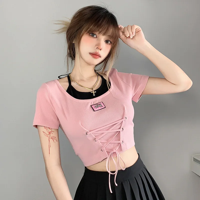 Lace Up Halter Short Sleeved T-shirt Hollow Out Patchwork Street Fashion Tshirt Y2K Women Short Top Fake Two Pieces Tee Shirt