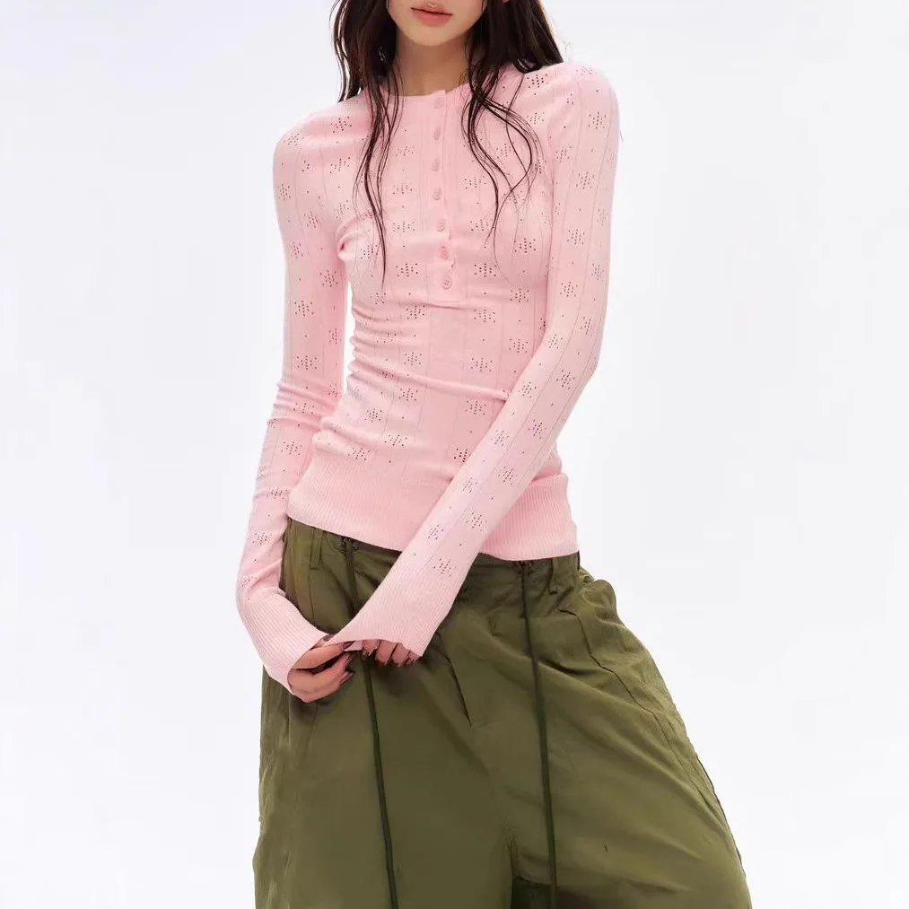 Women Base Layer 2026 Spring New Women's Hollow Out Knitted Sweater Slim Fit Henley Long Sleeve Top Underwear Women