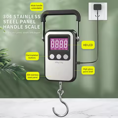 60Kg/10g LCD Digital Display Hanging Scale Handheld Mini Electronic Rechargeable Weighting Scale Fishing Travel Luggage Scale