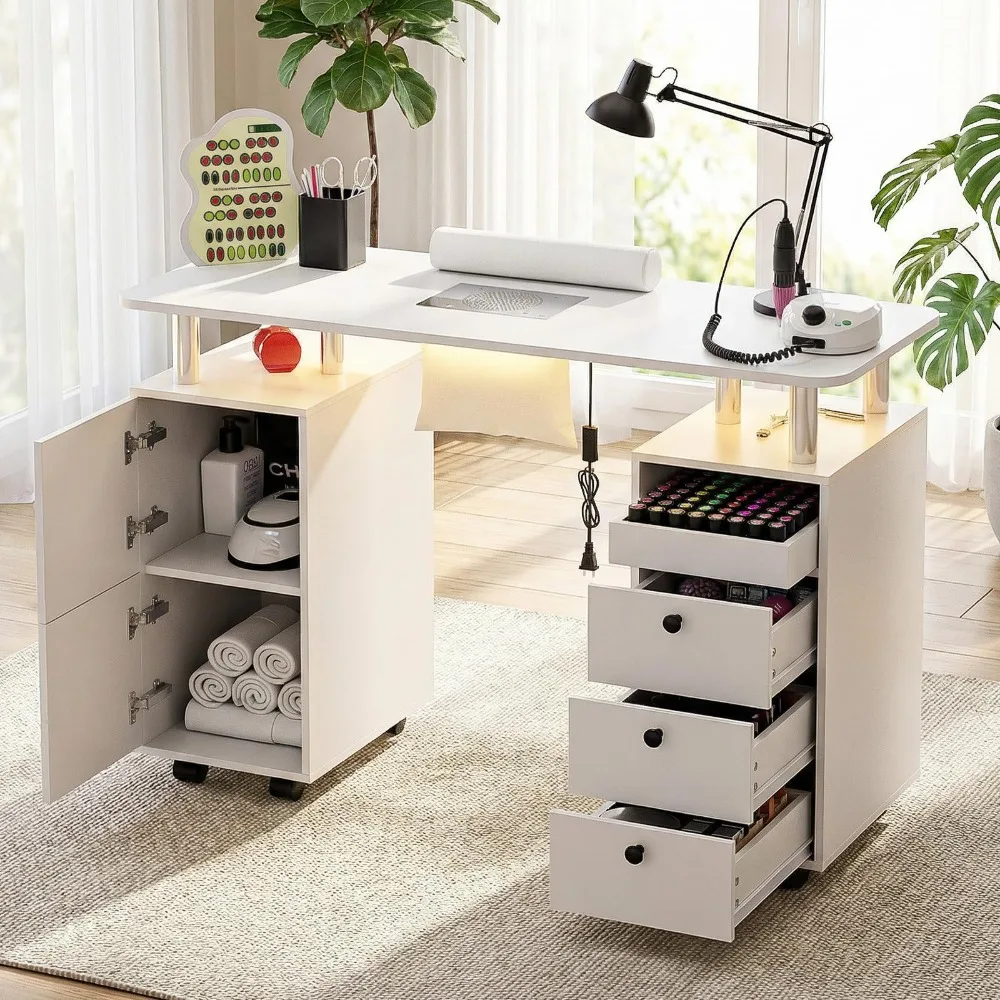 Nail Tech Table with Dust Collector & LED Light, Rolling Manicure Desk with Storage Drawers & Cabinets, Lockable