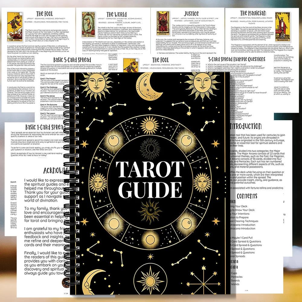 1 Spiral-Notizbuch, Spiral-Notizbuch mit Tarot-Motiven, für die Verbindung von Tarotkarten und astrologischen Einflüssen, ideal für Co.
