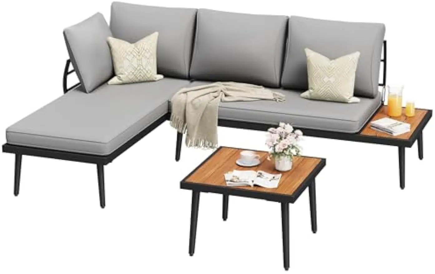 

Outdoor Sectional Sofa Set L-Shaped Metal Patio Furniture with All-Weather Cushions and Built-in Side Coffee Table for Garden,