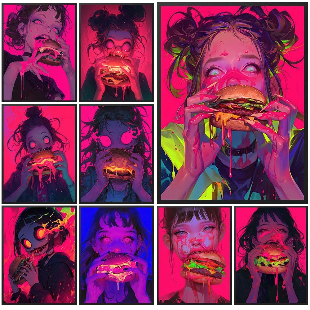 

Illustration Girl Cartoon Hamburger Anime Poster Wall Art Canvas Painting Home Decor Wall Pictures For Living Room Unframed