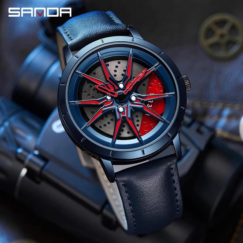 SANDA P1089 2023 Hollow Rotation Watch For Men\'s Car Wheel Rim Hub Style Quartz Wristwatch Military Waterproof Male Wrist Clock