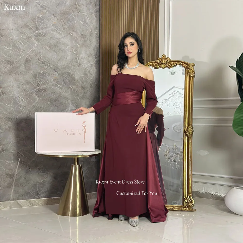 Kuxm Burgundy Strapless Mermaid Evening Dress Off The Shoulder Satin Wedding Guest Gown Floor Length فساتين سهره Customized