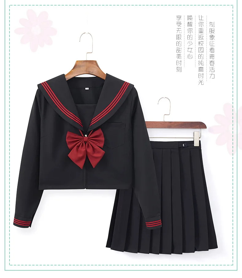 Schwarze JK-Uniform, japanischer Matrosenanzug, kurz-/langärmlig, Schuluniform-Set für Mädchen, Faltenrock, Anime-Cosplay-Kostüm, für alle Jahreszeiten – Detail 6