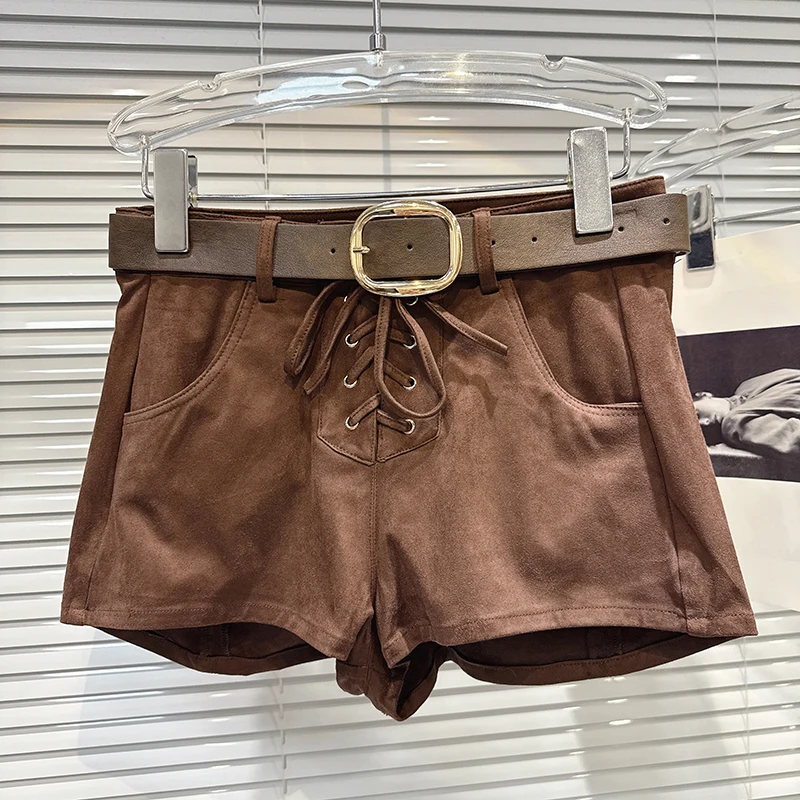2025 Winter retro suede lace up versatile slimming shorts with belt spicy girl personality casual design sense shorts