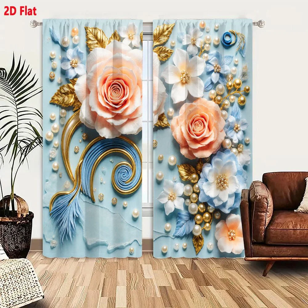 2Pcs Curtains 2D Flat Decorative Arrangement With Large Soft Pink Roses Peach Hues Smaller White Flowers Golden Centers Light Bl