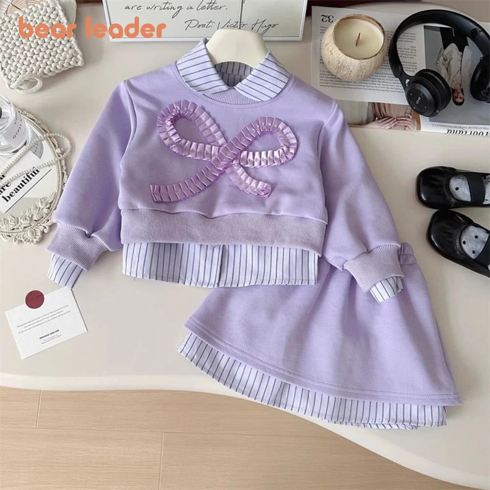 Bear Leader Autumn Girls' Purple Clothes Korean Version Long Sleeved Butterfly Pullover+Striped Shirt+Short Skirt 3 Piece Set