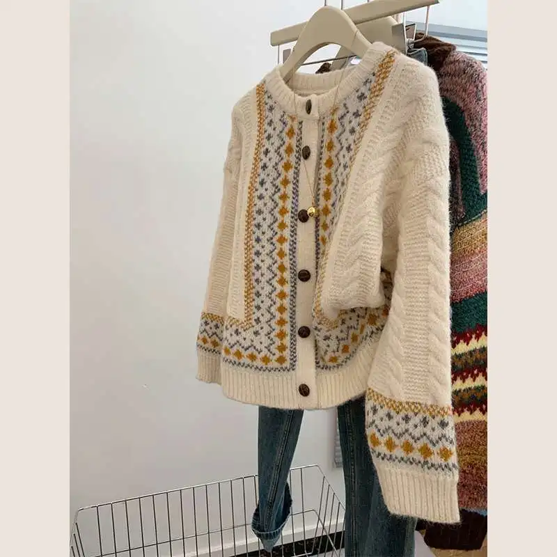 Ning Bangzhu Fair Isle Round Neck Temperament Knitted Cardigan Sweater Jacket Wide Loose Soft Waxy Lazy Style Top Thickened