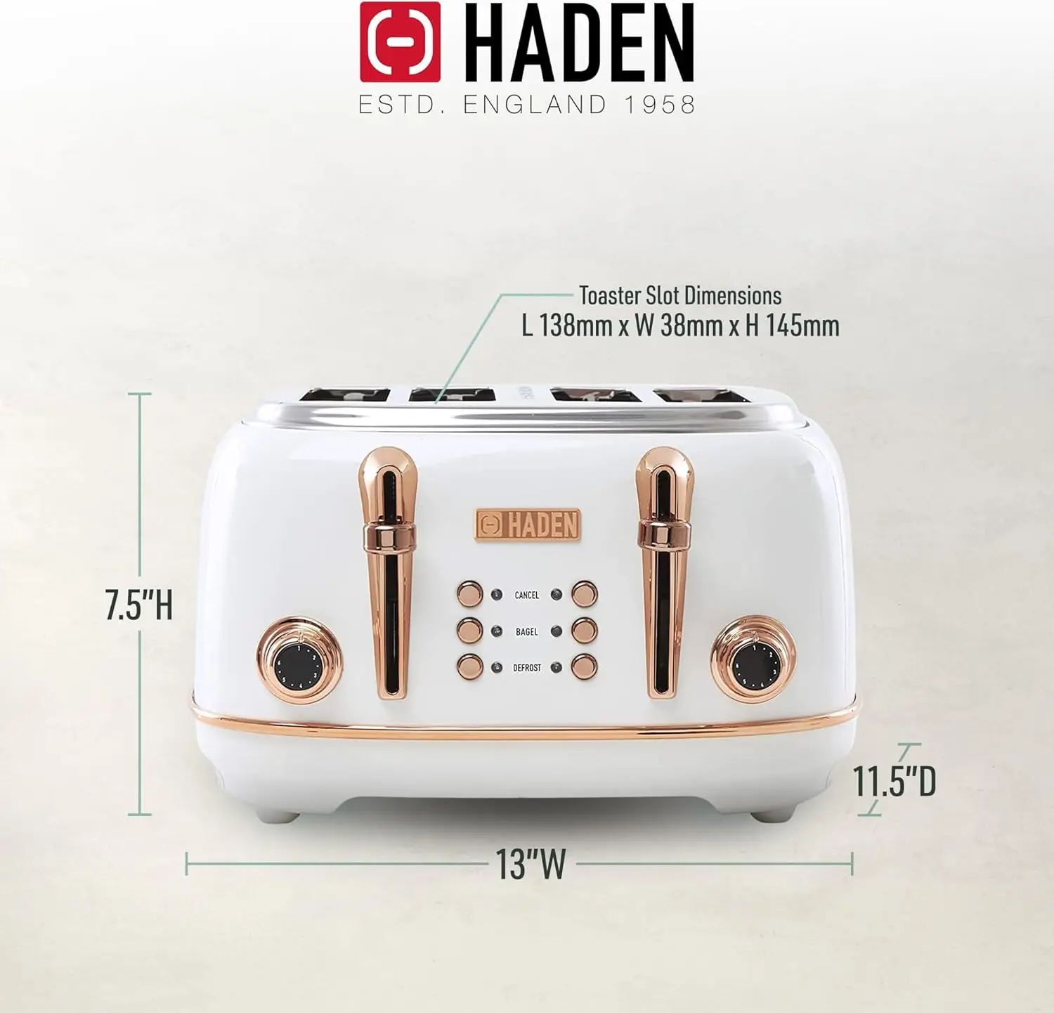 Heritage 4 Scheiben breiter Schlitz Edelstahl Toaster mit einstellbarer Bräunung steuerung & rutsch festen Füßen, Elfenbein & Kupfer